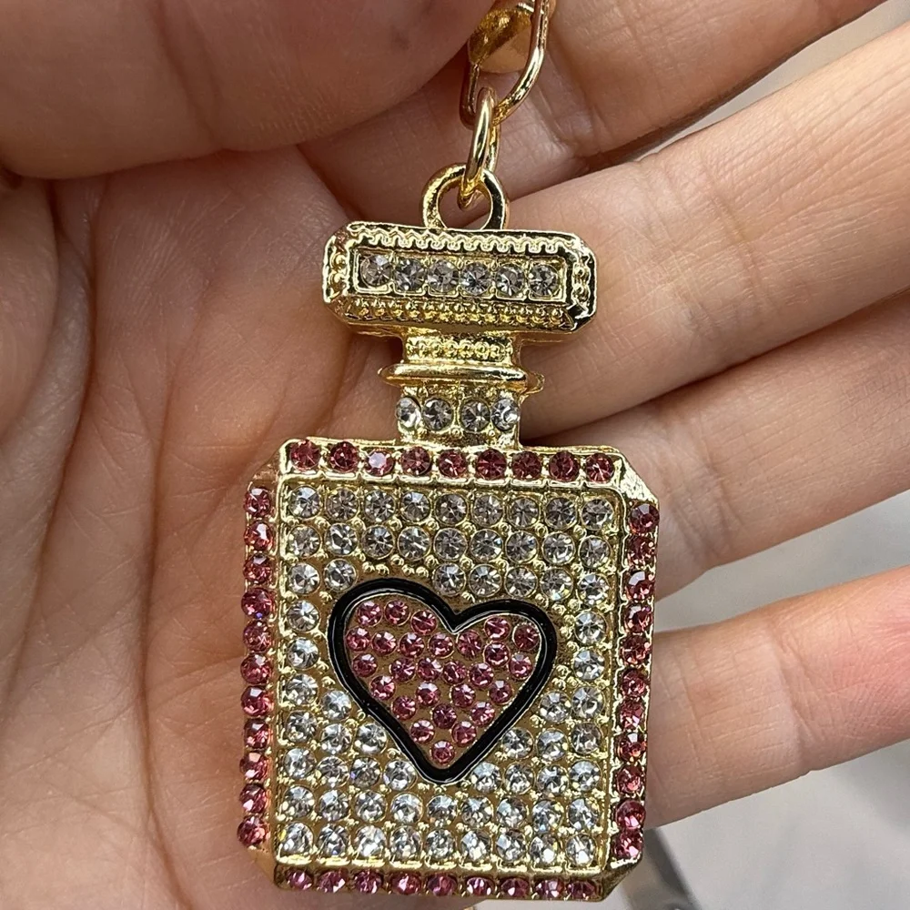 Gold and Pink Heart Perfume Bottle Rhinestone Keychain - Picture 2 of 3
